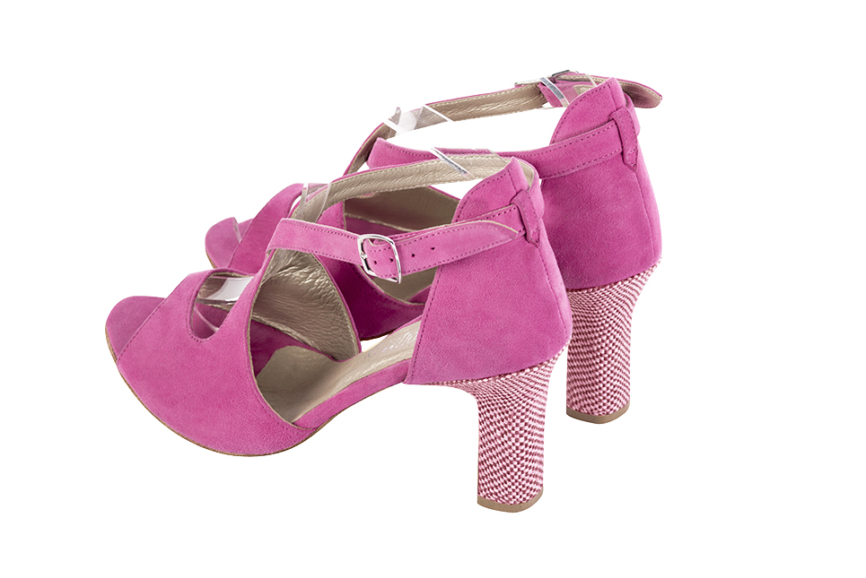 Shocking pink women's closed back sandals, with crossed straps. Round toe. High kitten heels. Rear view - Florence KOOIJMAN
